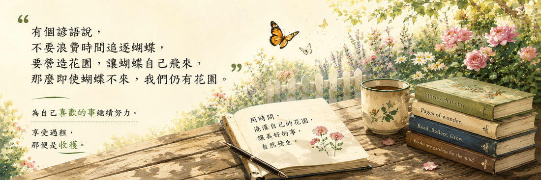 「有個諺語說，不要浪費時間追逐蝴蝶，要營造花園，讓蝴蝶自己飛來，那麼即使蝴蝶不來，我們仍有花園。」