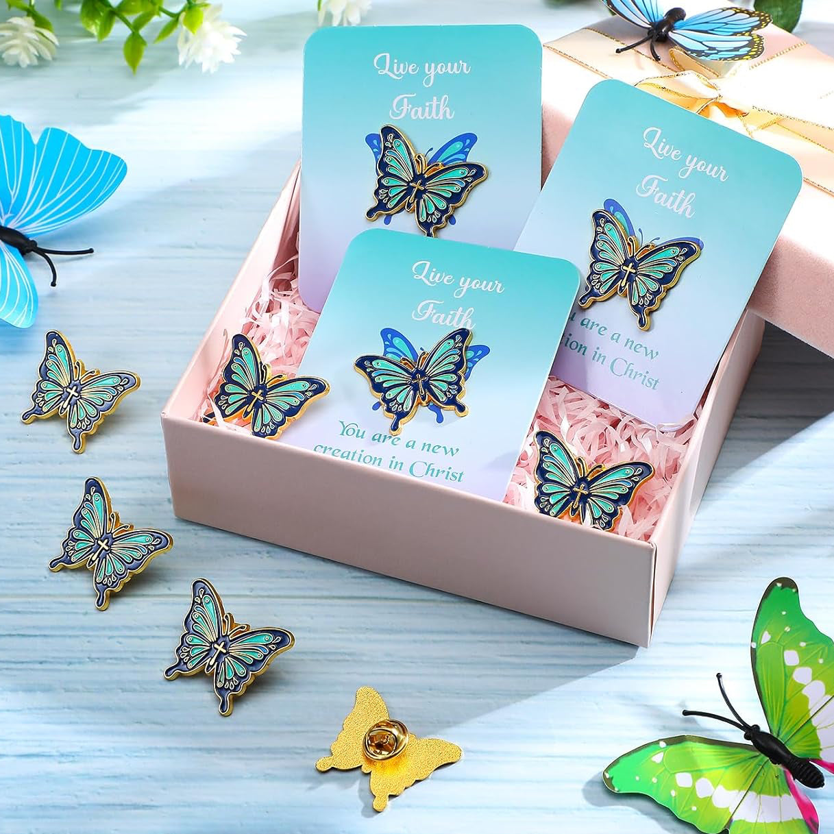 Live Your Faith Butterfly Lapel Pin on Card | Christian Gold-Tone Butterfly Brooch with Bible Verse | Inspirational Gift for Women