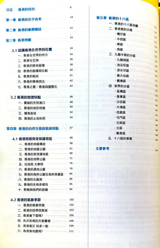 香港是我家 單元一： 香港是何地 (教師版)

引言：香港的特色
第一章：香港的名字由來
第二章：香港的象徵標誌
第三章：香港地圖（世界位置、地理特點）
第四章：香港的自然生態與氣候特點（地質、受保護地區、氣象季節）
第五章：香港的十八區
主要參考
