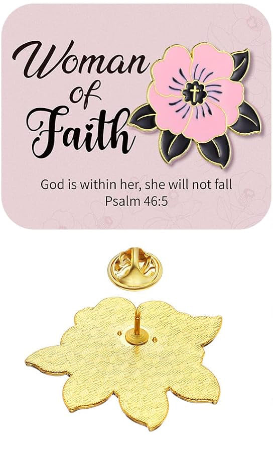 Woman of Faith Flower Cross Lapel Pin | Christian Gold-Tone Brooch with Inspirational Message | Faith Gift for Women